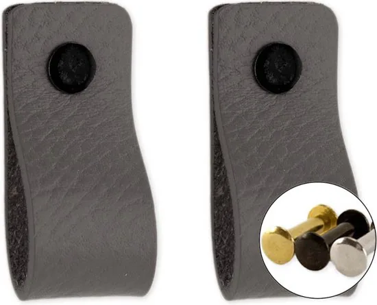 Leren handgrepen - Grijs - 2 stuks - 12,5 x 2,5 cm - incl. 3 kleuren schroeven - Grijze handgrepen leer - Leren meubelgreep thumbnail 1