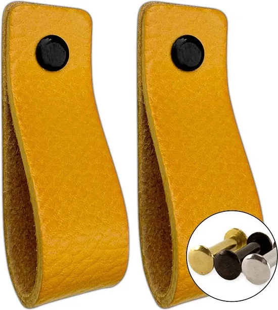 Leren handgrepen - Okergeel - 2 stuks - 16,5 x 2,5 cm - incl. 3 kleuren schroeven voor de leren handgreep - Gele handgrepen leer - Leren meubelgreep - Afbeelding 1