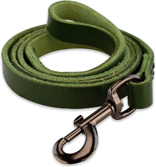 Leren hondenriem - 140cm - groen met zwarte riem - hondenriem met stiksels - 100% volnerfleer thumbnail 1