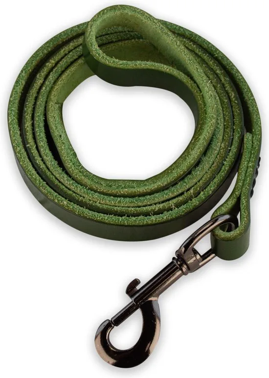 Leren hondenriem - 140cm - groen met zwarte riem - hondenriem met stiksels - 100% volnerfleer thumbnail 2