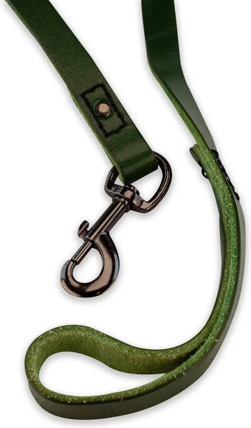 Leren hondenriem - 140cm - groen met zwarte riem - hondenriem met stiksels - 100% volnerfleer thumbnail 3