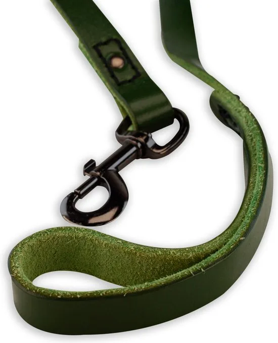 Leren hondenriem - 140cm - groen met zwarte riem - hondenriem met stiksels - 100% volnerfleer thumbnail 4