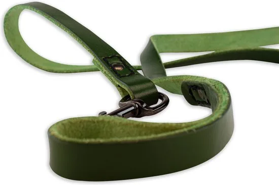 Leren hondenriem - 140cm - groen met zwarte riem - hondenriem met stiksels - 100% volnerfleer thumbnail 5