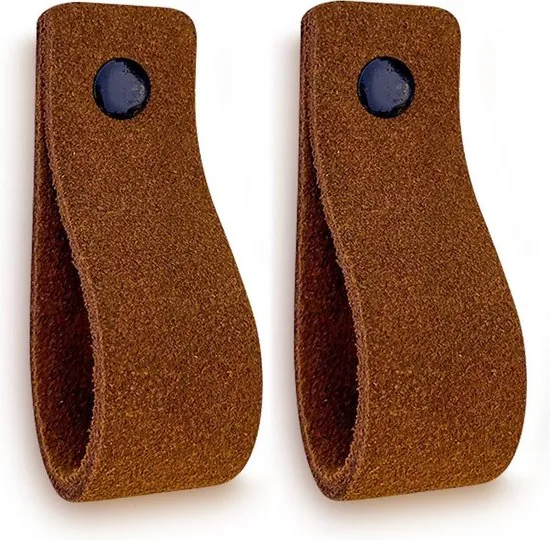 Leren handgrepen van zacht suede - Cognac - 2 stuks - 16,5 x 2,5 cm - incl. 3 kleuren schroeven - Handgrepen leer - Leren meubelgreep - Afbeelding 1