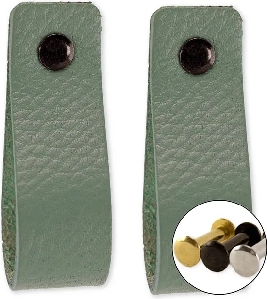 Leren handgrepen - Vaalgroen - 2 stuks - 16,5 x 2,5 cm - incl. 3 kleuren schroeven voor de leren handgreep - Handgrepen leer - Leren meubelgreep - Afbeelding 1