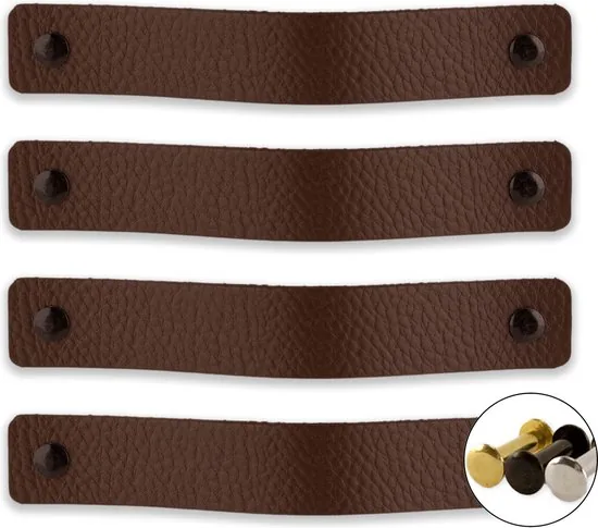 Leren handgrepen - Bruin - 4 stuks - 20 x 2,5 cm - incl. 3 kleuren schroeven - Handgrepen leer - Leren meubelgreep - Afbeelding 1