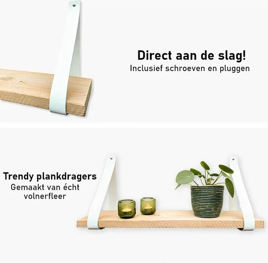 Leren plankdragers - Wit - 4 stuks - Echt lederen planken dragers - Wandplank industrieel - Legplankdrager - Schapdrager thumbnail 5