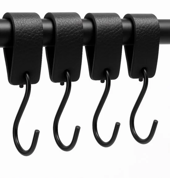 Brute Strength - Leren S-haak hangers - Zwart - 4 stuks - 12,5 x 2,5 cm - Zwart zilver - Leer - Afbeelding 1