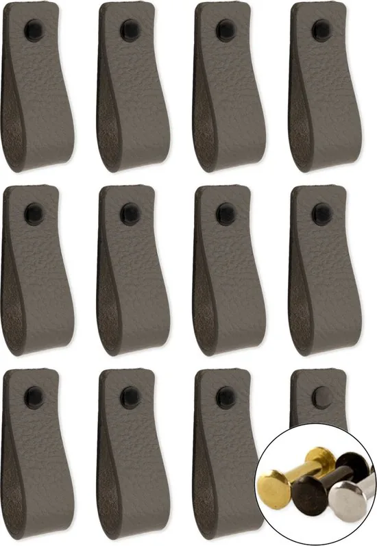 Leren handgrepen - Grijs - 12 stuks - 16,5 x 2,5 cm - incl. 3 kleuren schroeven voor de leren handgreep - Grijze handgrepen leer - Leren meubelgreep - Afbeelding 1
