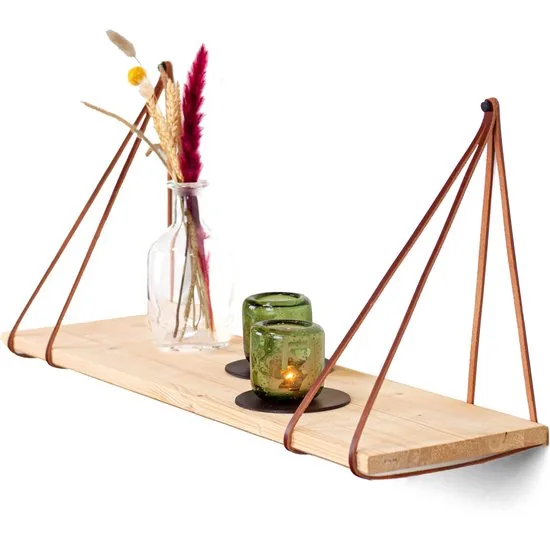 Leren plankdragers gesplitste draden - Cognac - 2 stuks - Echt lederen planken dragers - Wandplank industrieel - Legplankdrager - Schapdrager thumbnail 5