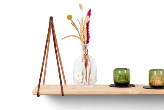 Leren plankdragers gesplitste draden - Cognac - 2 stuks - Echt lederen planken dragers - Wandplank industrieel - Legplankdrager - Schapdrager thumbnail 6