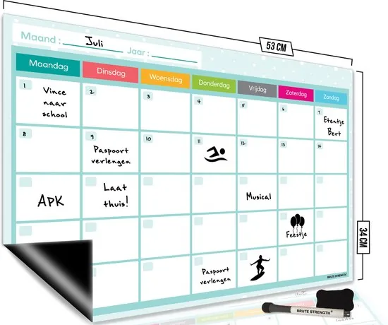 Brute Strength - Magnetisch Weekplanner whiteboard (5) - 53 x 34 cm - Planbord - Familieplanner - Gezinsplanner - To Do Planner - Afbeelding 1