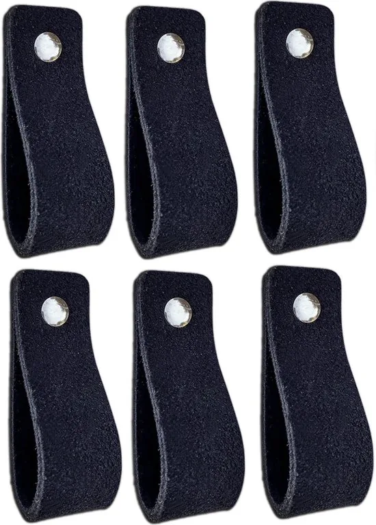 Leren handgrepen van zacht suede - Zwart - 6 stuks - 16,5 x 2,5 cm -- Handgreep zwart - Handgrepen leer - Leren meubelgreep - Leren handvaten kast thumbnail 1
