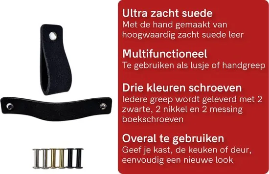 Leren handgrepen van zacht suede - Zwart - 6 stuks - 16,5 x 2,5 cm -- Handgreep zwart - Handgrepen leer - Leren meubelgreep - Leren handvaten kast thumbnail 8