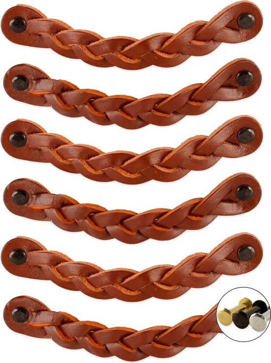 Leren handgrepen - Cognac - 12 stuks - Gevlochten - 16,5 x 2,5 cm - incl. 3 kleuren schroeven - Handgrepen leer thumbnail 1