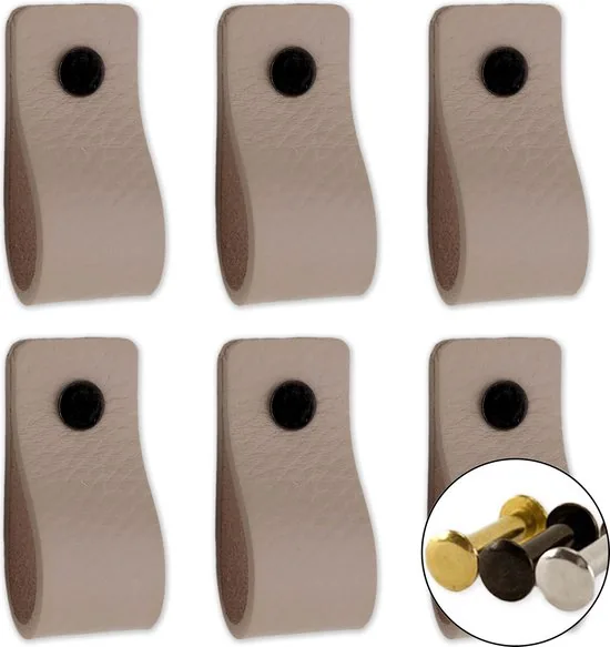 Leren handgrepen - Licht Grijs - 6 stuks - 12,5 x 2,5 cm - incl. 3 kleuren schroeven - Handgrepen leer - Leren meubelgreep - Afbeelding 1