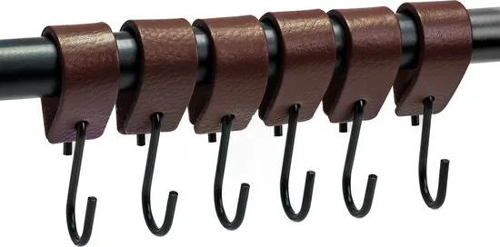 Brute Strength - Leren S-haak hangers - Bruin - 6 stuks - 12,5 x 2,5 cm - Zwart zilver - Leer - Afbeelding 1