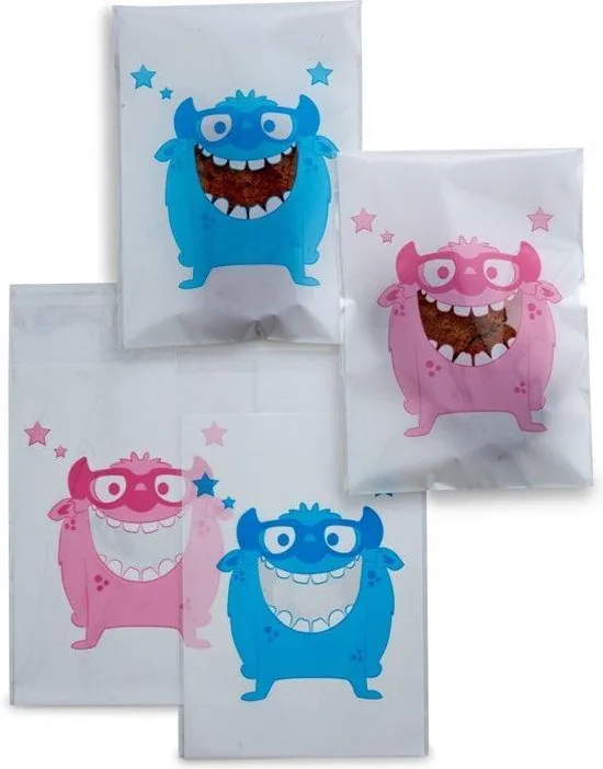 200 x Transparante Uitdeelzakjes voor kindertraktatie op school - blauw en roze Cookie Monster patroon uitdeel zakjes - 9,5 x 13 cm - Afbeelding 1
