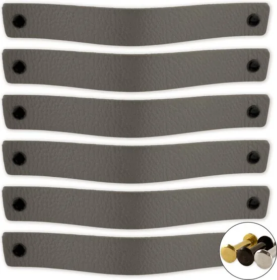 Leren handgrepen - Grijs - 12 stuks - 20,0 x 2,5 cm - incl. 3 kleuren schroeven - Grijze handgrepen leer - Leren meubelgreep - Afbeelding 1