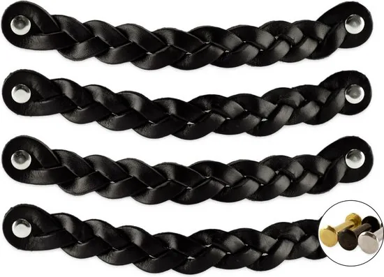 Leren handgrepen - Zwart - 4 stuks - Gevlochten - 20 x 2,5 cm - incl. 3 kleuren schroeven - Handgrepen leer thumbnail 1