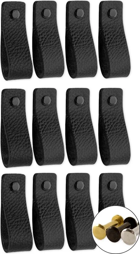 Leren handgrepen - Zwart - 12 stuks - 16,5 x 2,5 cm - Handgreep zwart - Handgrepen leer - Leren meubelgreep - Afbeelding 1