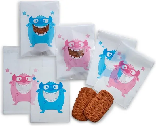 100 x Transparante Uitdeelzakjes voor kindertraktatie op school - blauw en roze Cookie Monster patroon uitdeel zakjes - 9,5 x 13 cm thumbnail 2