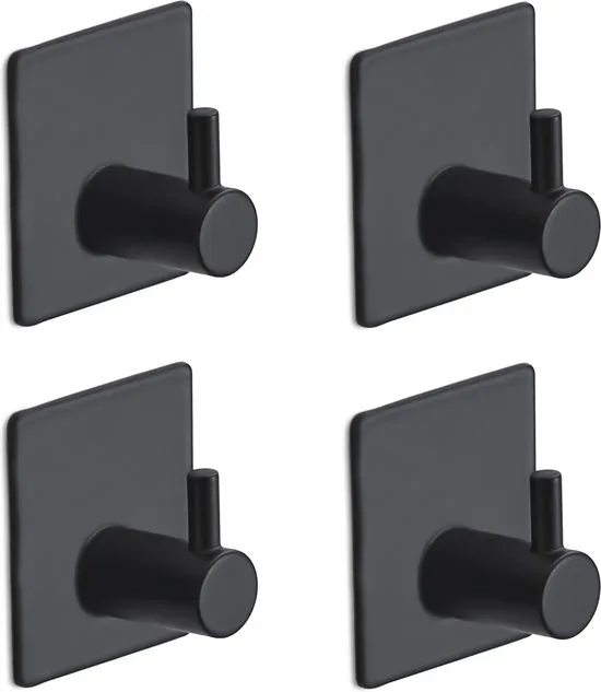 Brute Strength - RVS Handdoekhaak 1 haak - Set van 4 Stuks - Haakjes zelfklevend - Zwart Vierkant - Zonder boren - Handdoekhaakjes - Afbeelding 1