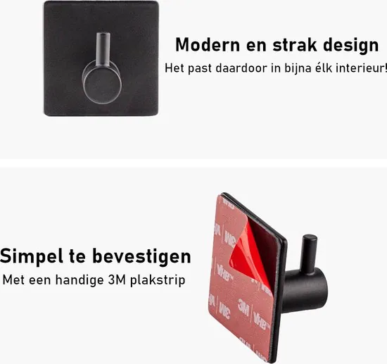 Brute Strength - RVS Handdoekhaak 1 haak - Set van 4 Stuks - Haakjes zelfklevend - Zwart Vierkant - Zonder boren - Handdoekhaakjes thumbnail 7