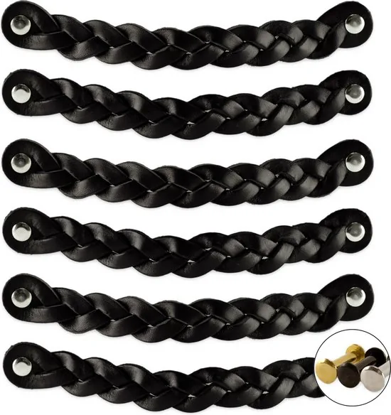 Leren handgrepen - Zwart - 12 stuks - Gevlochten - 20 x 2,5 cm - incl. 3 kleuren schroeven thumbnail 1