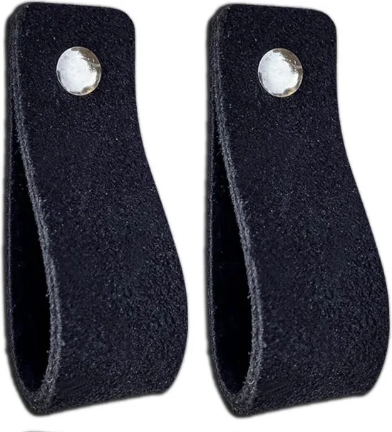 Leren handgrepen van zacht suede - Zwart - 2 stuks - 16,5 x 2,5 cm - Handgrepen leer - Leren meubelgreep - Leren handvaten kast thumbnail 1