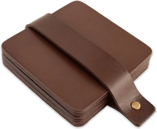 Brute Strength - Onderzetters voor glazen - Leer - Bruin - Vierkant - 6 stuks - Bruine leren onderzetters thumbnail 2