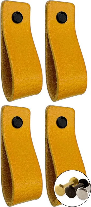 Leren handgrepen - Okergeel - 4 stuks - 16,5 x 2,5 cm - incl. 3 kleuren schroeven voor de leren handgreep - Gele handgrepen leer - Leren meubelgreep - Afbeelding 1