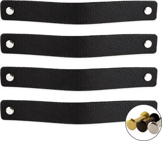 Leren handgrepen - Zwart - 4 stuks - 20,0 x 2,5 cm | - Handgreep zwart - incl. 3 kleuren schroeven per leren handgreep - Handgrepen leer - Afbeelding 1
