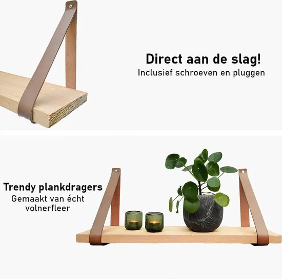 Leren plankdragers - Taupe - 2 stuks - Echt leer - Taupe plankendragers - Wandplank industrieel - Legplankdrager thumbnail 3