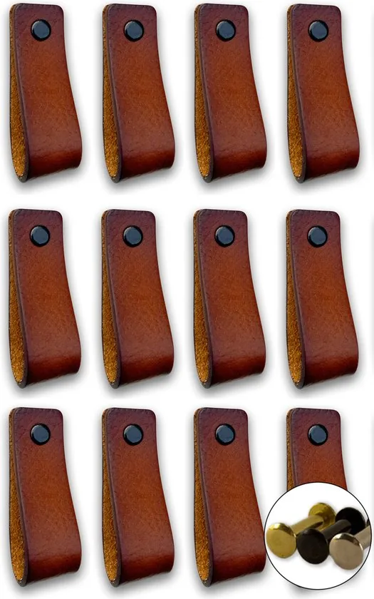 Leren handgrepen - Cognac - 24 stuks - 16,5 x 2,5 cm - incl. 3 kleuren schroeven - Handgrepen leer - Leren meubelgreep - Afbeelding 1