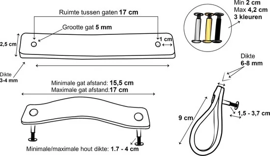 Leren handgrepen - Taupe - 4 stuks - 20,0 x 2,5 cm - incl. 3 kleuren schroeven - Handgrepen leer - Leren meubelgreep thumbnail 4