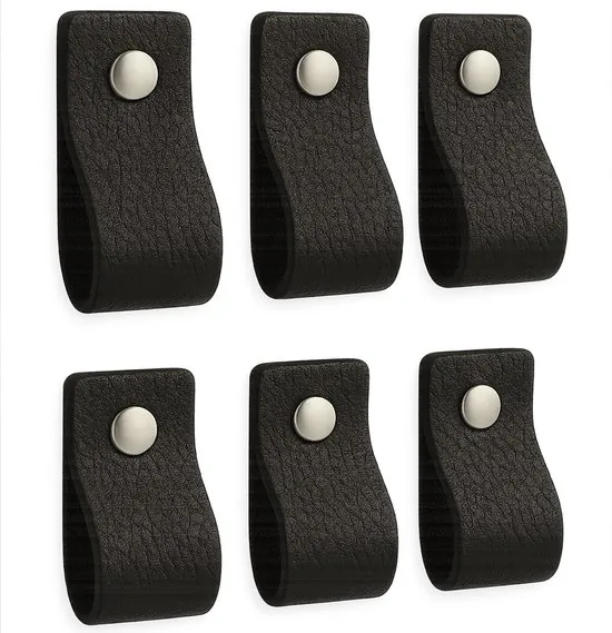 Leren handgrepen - Zwart - 6 stuks - 12,5 x 2,5 cm - incl. 3 kleuren schroeven - Handgrepen leer - Zwarte leren meubelgreep - Afbeelding 1