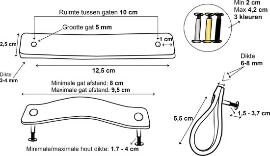 Leren handgrepen - Zwart - 6 stuks - 12,5 x 2,5 cm - incl. 3 kleuren schroeven - Handgrepen leer - Zwarte leren meubelgreep thumbnail 3