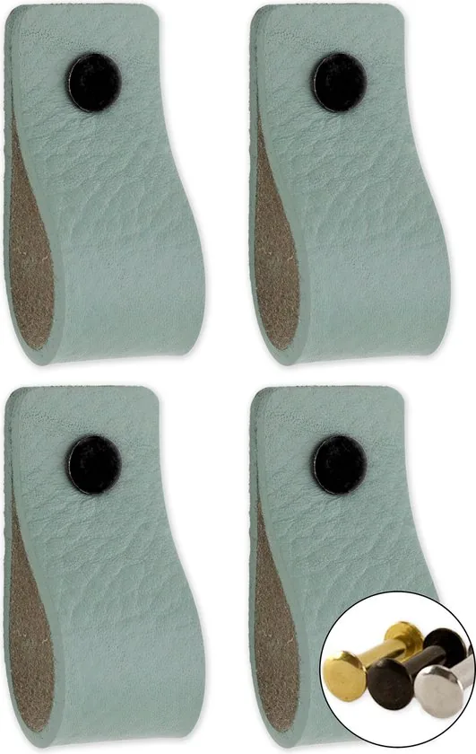Leren handgrepen - Vaalgroen - 4 stuks - 12,5 x 2,5 cm - incl. 3 kleuren schroeven - Handgrepen leer - Leren meubelgreep - Afbeelding 1