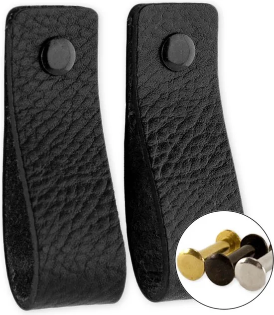 Leren handgrepen - Zwart - 2 stuks - 16,5 x 2,5 cm - - Handgreep zwart - Handgrepen leer - Leren meubelgreep - Afbeelding 1