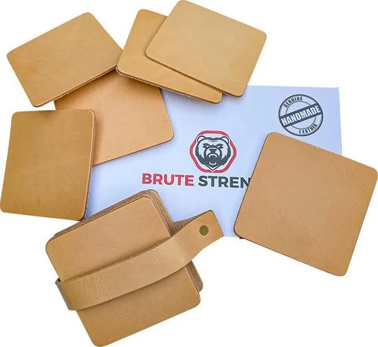 Brute Strength - Onderzetters voor glazen - Leer - Naturel - Vierkant - 6 stuks - Leren onderzetters thumbnail 4