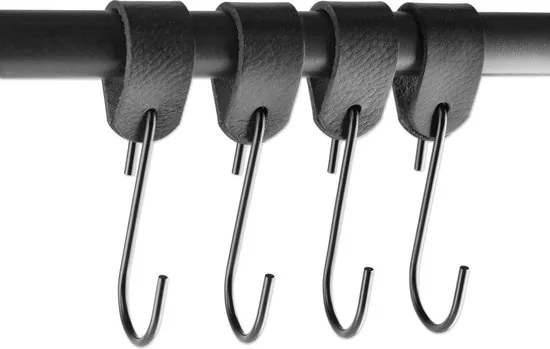 Brute Strength - Leren ronde S-haak hangers - Zwart - 4 stuks - 12,5 x 2,5 cm - Zwart zilver - Leer - Afbeelding 1