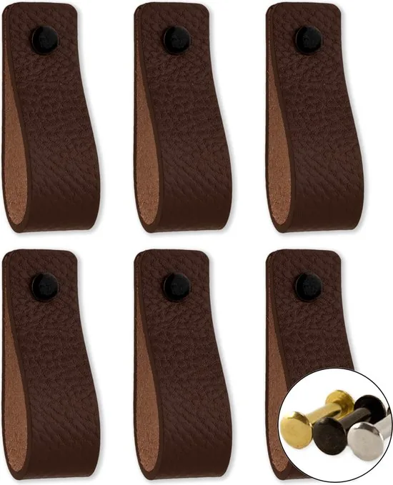 Leren handgrepen - Bruin - 12 stuks - 16,5 x 2,5 cm - incl. 3 kleuren schroeven - Handgrepen leer - Leren meubelgreep - Afbeelding 1