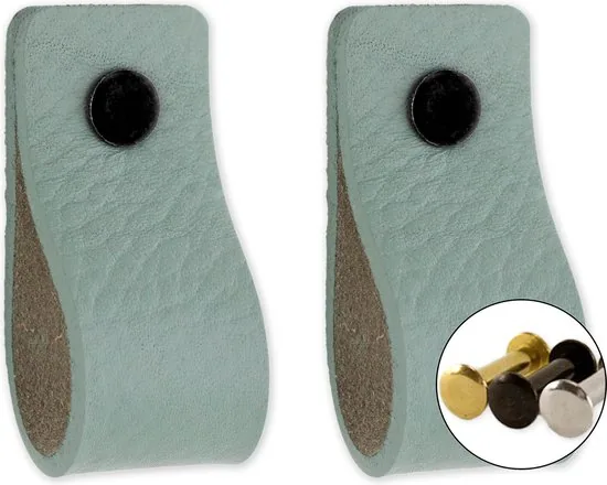 Leren handgrepen - Vaalgroen - 2 stuks - 12,5 x 2,5 cm - incl. 3 kleuren schroeven - Handgrepen leer - Leren meubelgreep - Afbeelding 1