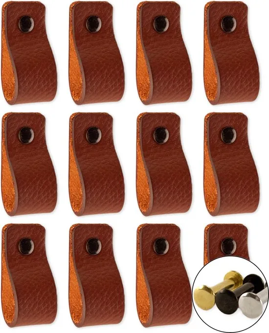 Leren handgrepen - Cognac - 12 stuks - 12,5 x 2,5 cm - incl. 3 kleuren schroeven - Handgrepen leer - Leren meubelgreep - Afbeelding 1