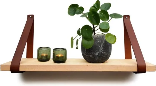 Leren plankdragers - Cognac - 4 stuks - Echt lederen planken dragers - Wandplank industrieel - Legplankdrager - Schapdrager - Afbeelding 1