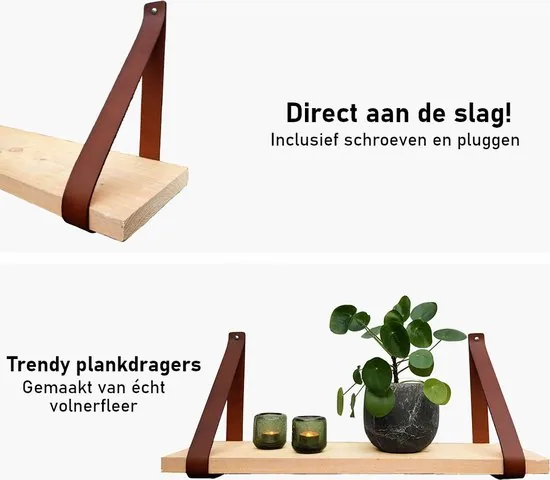 Leren plankdragers - Cognac - 4 stuks - Echt lederen planken dragers - Wandplank industrieel - Legplankdrager - Schapdrager thumbnail 3