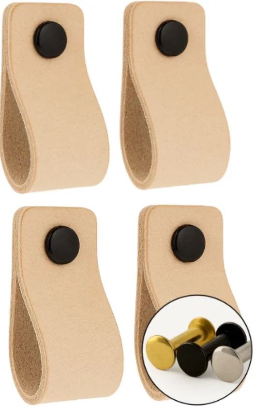 Leren handgrepen - Naturel - 4 stuks - 12,5 x 2,5 cm - incl. 3 kleuren schroeven - Handgrepen leer - Leren meubelgreep - Afbeelding 1
