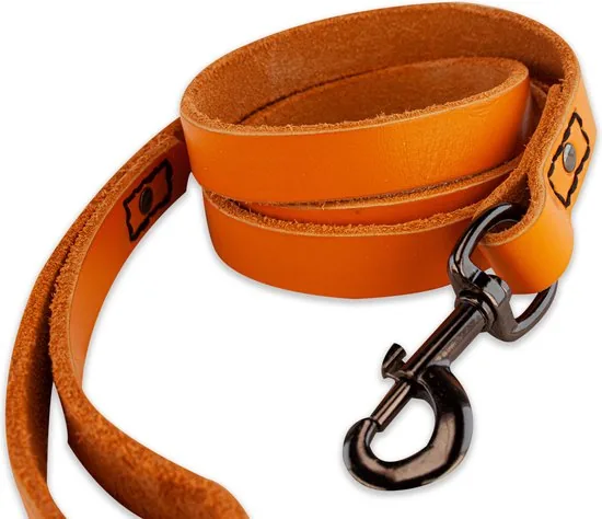 Leren hondenriem - 220cm - oranje met zwarte riem - hondenriem met stiksels - 100% volnerfleer thumbnail 6