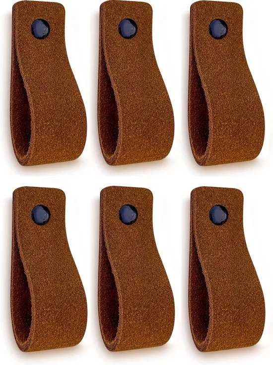 Leren handgrepen van zacht suede - Cognac - 6 stuks - 16,5 x 2,5 cm - incl. 3 kleuren schroeven - Handgrepen leer - Leren meubelgreep - Afbeelding 1